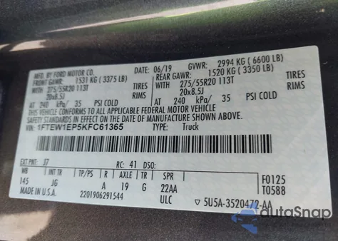 2019 Ford F-150 Xl from USA, damaged, VIN 1FTEW1EP5KFC61365